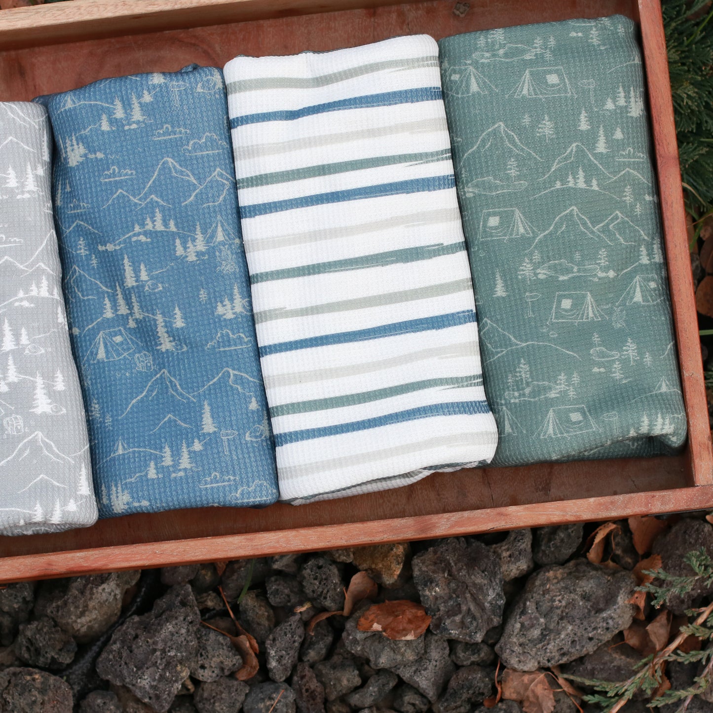 Camping Print in Navy | Brushed Waffle Knit Fabric